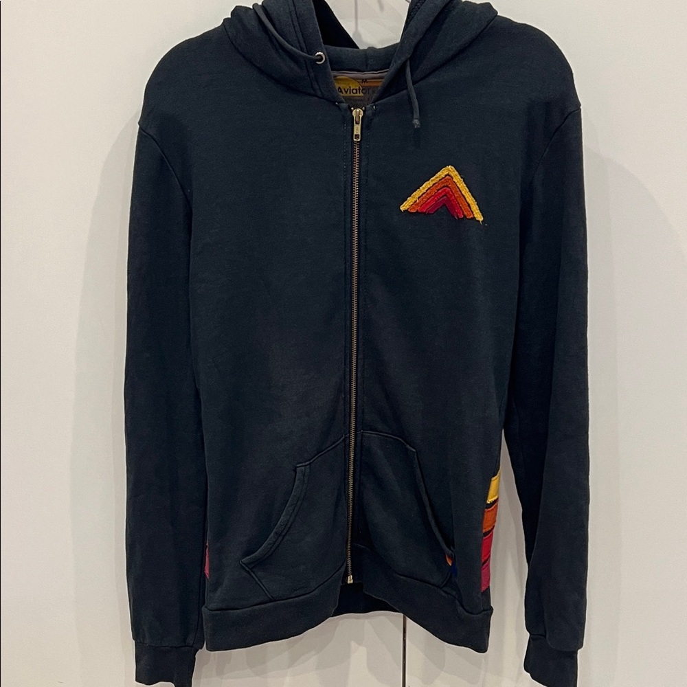 Aviator Nation Black Hoodie with Rainbow Accent Stripes